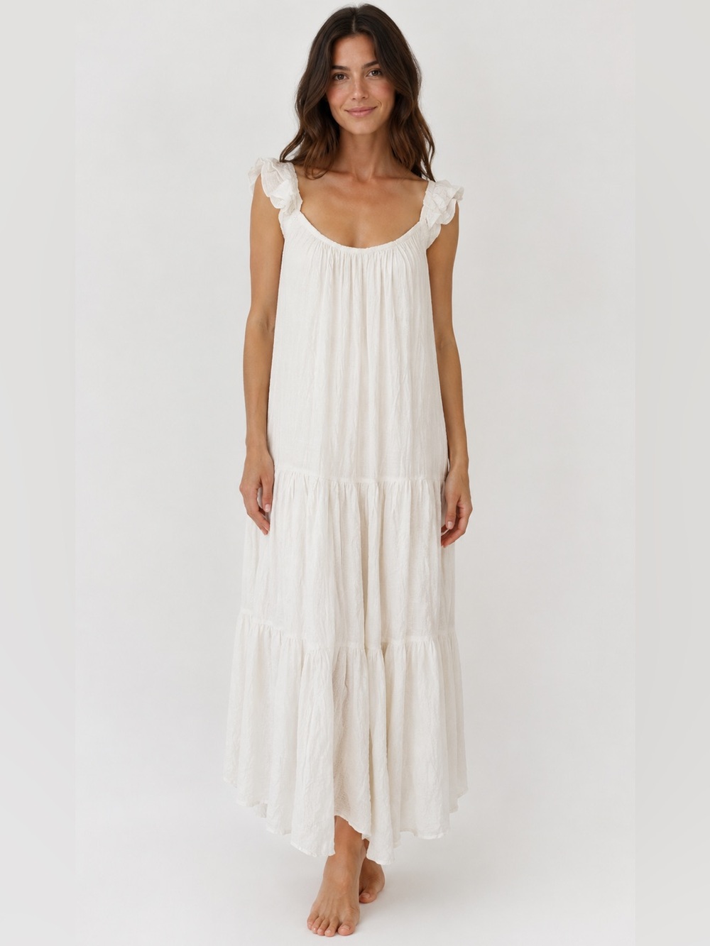 Women’s White Midi Ruffle-Sleeve Tiered Dress